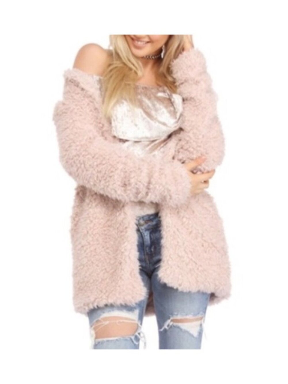 Forever 21 Nude Blush Faux Fur Shearling Teddy Bear Coat S/M